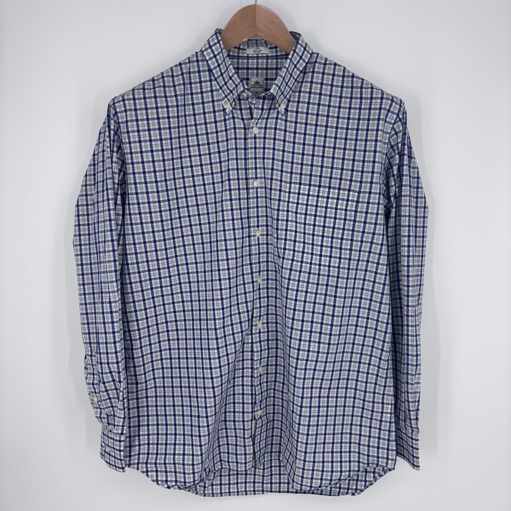 Peter Millar Button Down Shirt Mens L Blue Green Plaid 100% Cotton Preppy - Picture 3 of 8